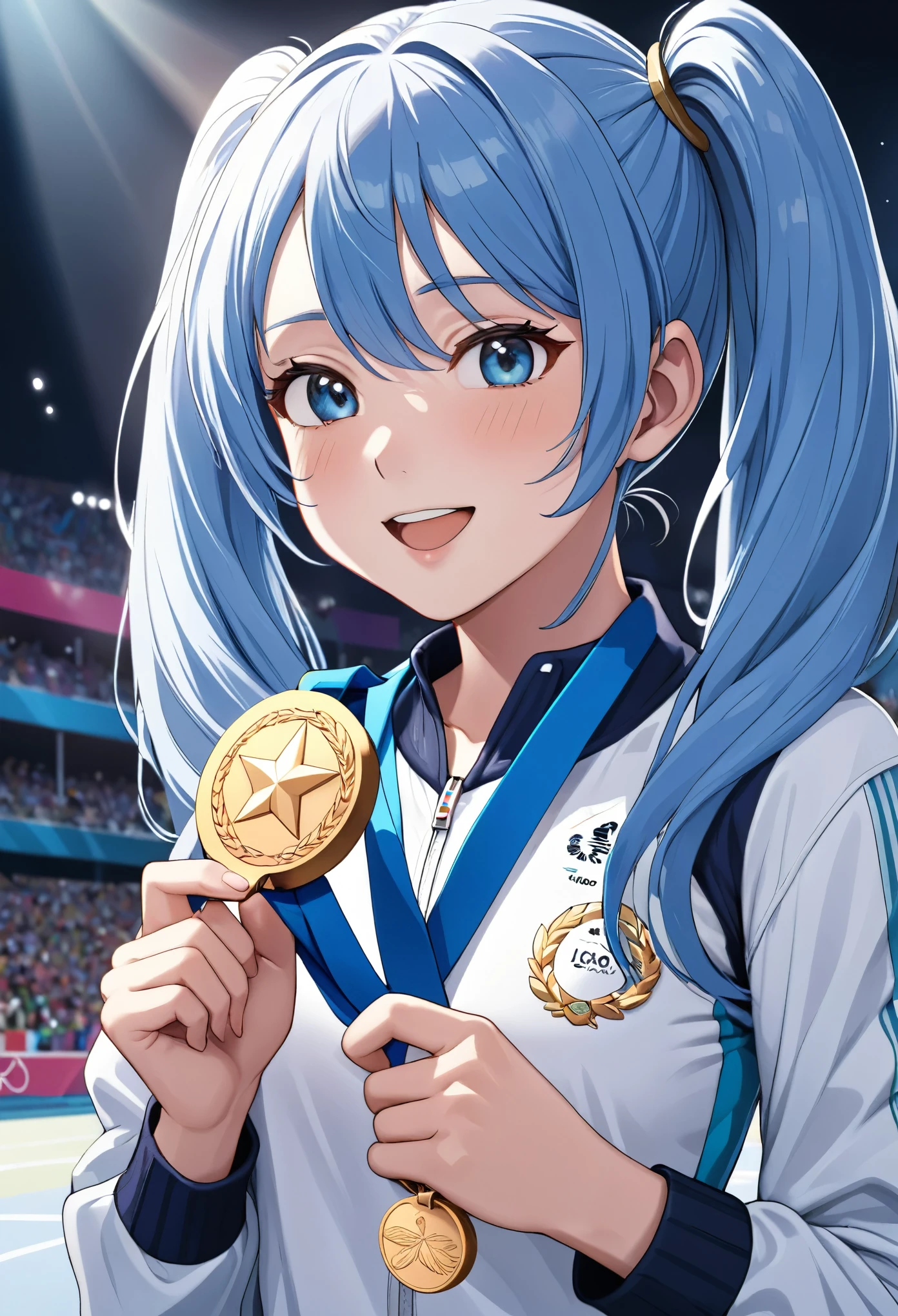 Light blue long hair、Beautiful girl with twin tails、Full body pose、a woman being awarded a gold medal at the paris olympics, highly detailed Realistic 3d cg rendering of the award ceremony, close-up of an athlete receiving the medal, A face expressing joy and pride, Dramatic studio lighting, intricate details of the medal and athlete's uniform, Vibrant colors, photoRealistic, masterpiece quality, (Highest quality, 8k, High resolution, masterpiece:1.2), Very detailed, Realistic, photo-Realistic:1.37, Dramatic lighting, emotional expression, Dynamic pose, gold medal, Olympic Medal Ceremony, athlete, Sports, competition, victory, celebration,