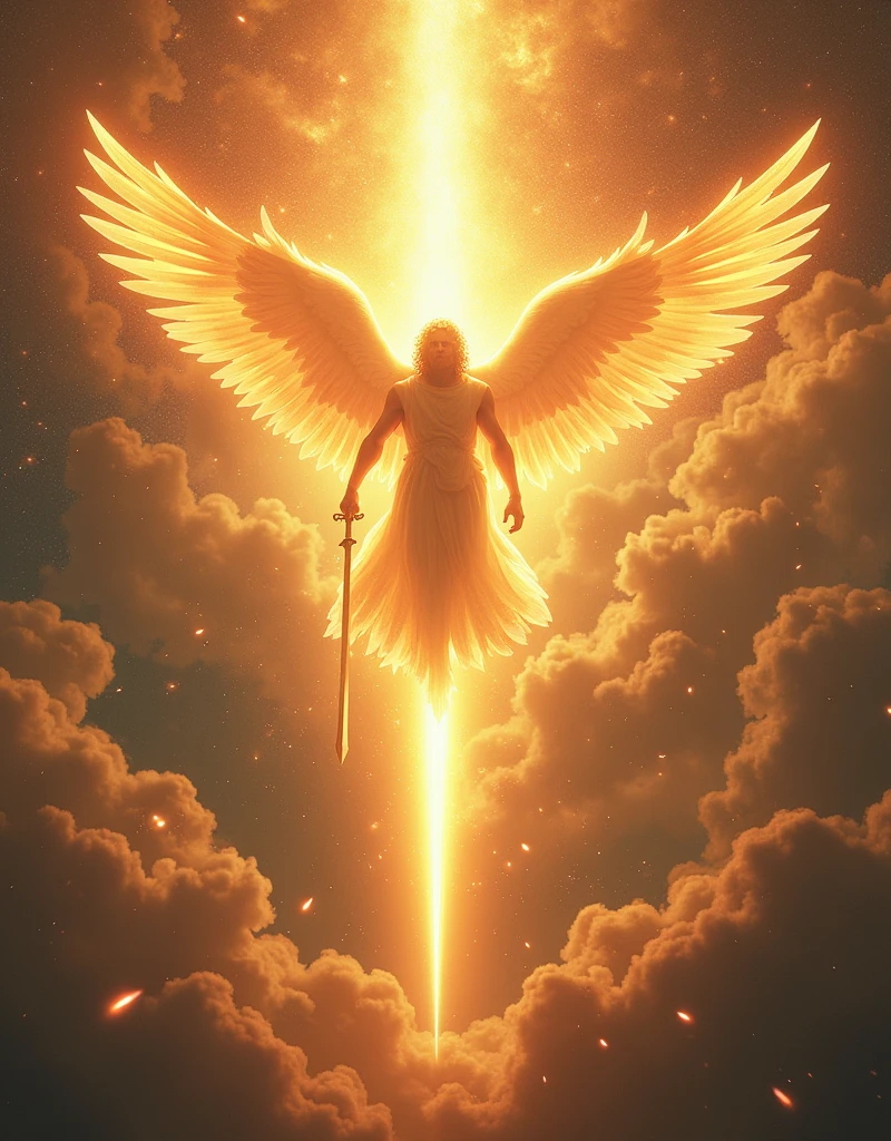 beyond the horizon, the night sky explodes into a celestial light show. An angel descends on a majestic journey from the firmament, your great, ethereal pairs of wings that hatch a stream of golden light. He wields a sword of fire, whose incandescent blade burns with a divine intensity, casting bright sparks and dancing shadows around him. acima dele, the sky is a bright tapestry, dotted with countless angels in formation, all holding golden trumpets that emit a deep, resonant sound. The brightness of the trumpets and the splendor of the sword create a dazzling contrast against the heavenly backdrop, painting a picture of power and serenity.