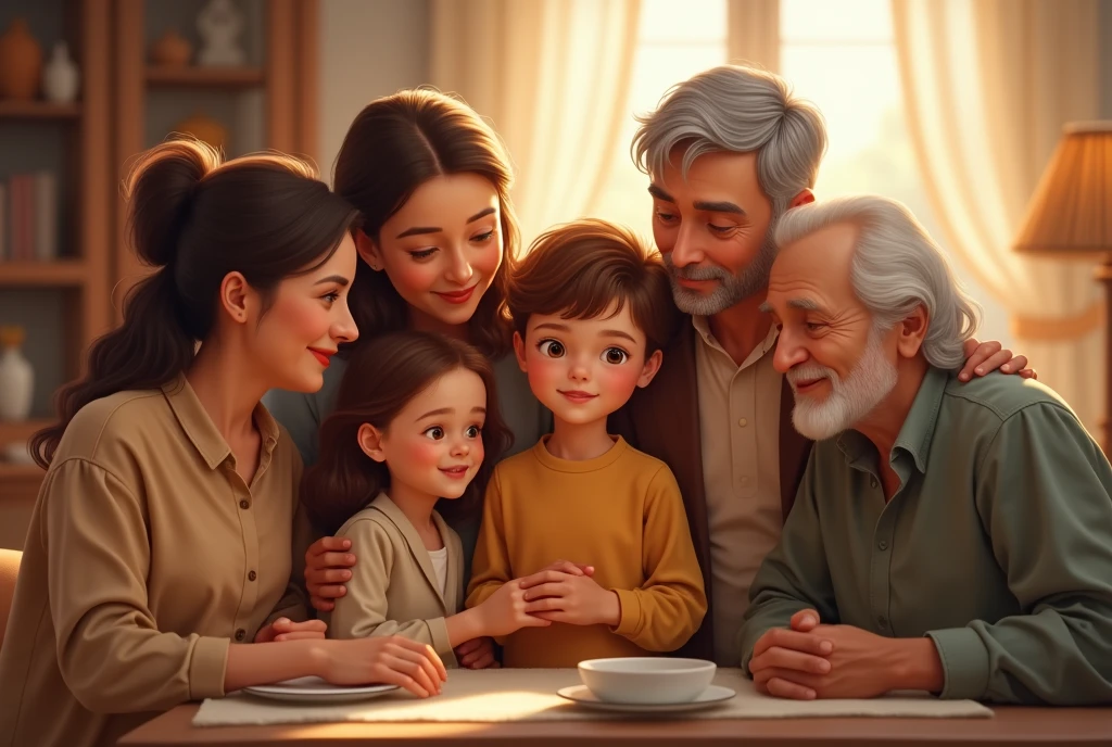 make a picture horizontally, where a boy is seen, with brown hair, accompanied by his mother, Your dad, His sister, his grandmother and his grandfather. giving thanks and saying please