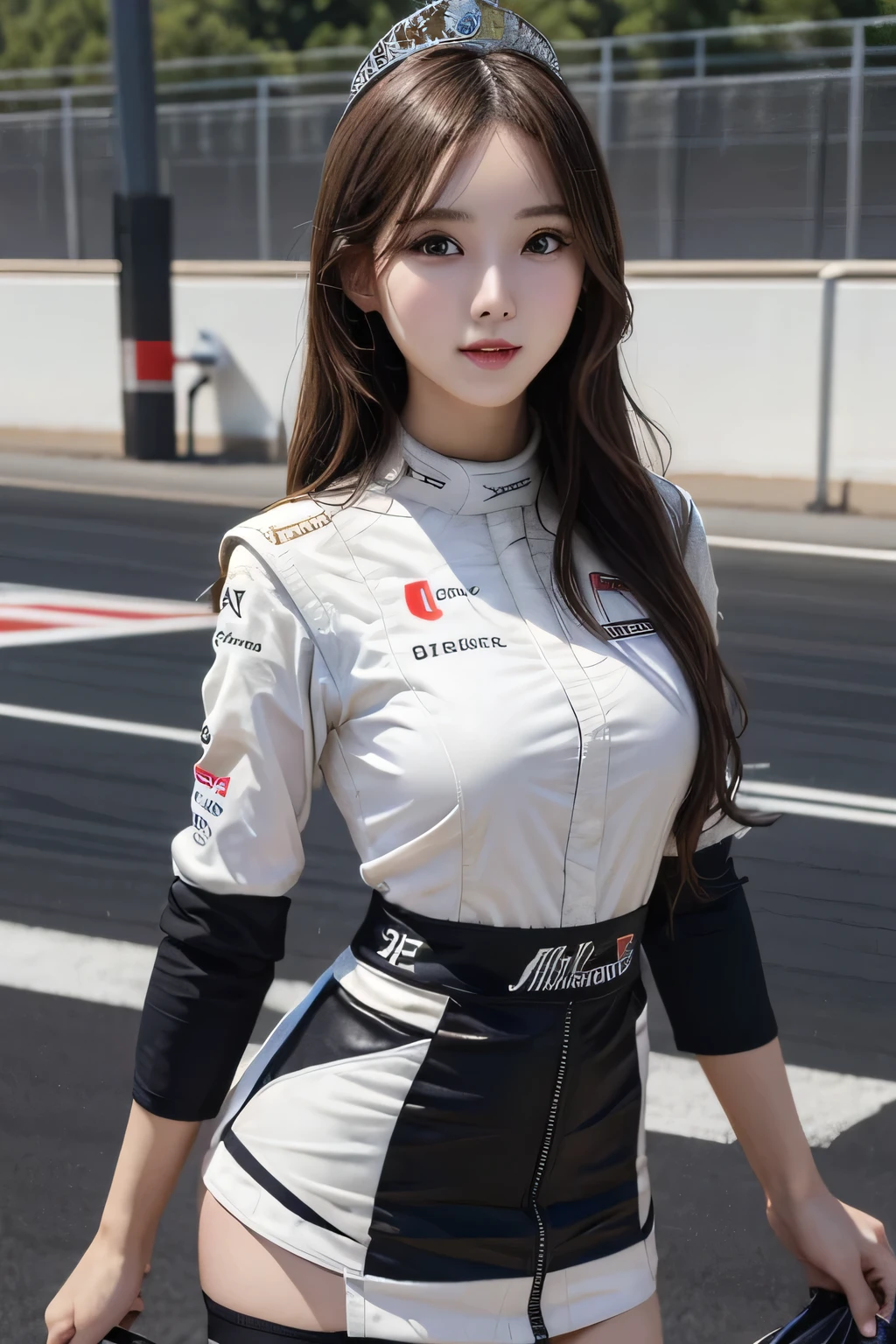 One Girl, 1 person,Highest quality,High resolution,超High resolution,8k,Realistic,Upper Body,encounter_audience,Large Breasts, the body is slim,(Race Queen miniskirt Costume:1.2), circuit,F1 Race,