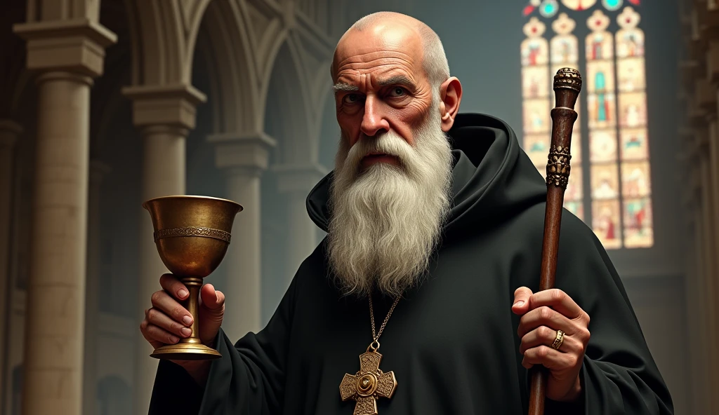 ultra realistic image of bald saint benedict with a long white beard, calm and firm look, with his medal with the cross of Saint Benedict, a bronze chalice and a staff, convey depth, in the background stained glass windows of a European church