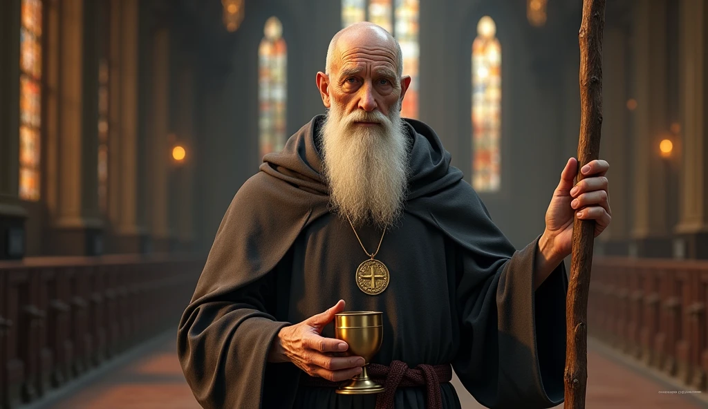 ultra realistic image of bald saint benedict with a long white beard, calm and firm look, with his medal with the cross of Saint Benedict, a bronze chalice and a staff, convey depth, in the background stained glass windows of a European church