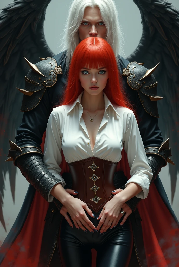 Create a beautiful red-haired woman with light blue eyes, She is dressed in a white shirt and puts a brown corset on top, Put him in black leather pants and have him holding two small daggers, Behind her put a handsome and attractive prince of hell, that has long white hair, Put on some elegant dark armor and a black cape, that has big black wings and is holding her by the hips, put on a captivating smile