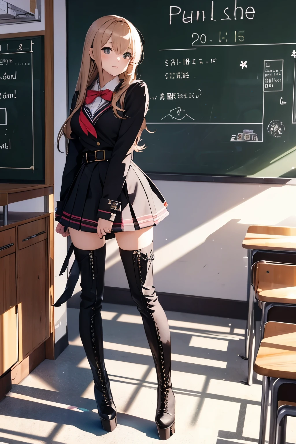 anime girl, girl, school uniform, school, classroom, thigh high boots, platform boots, lace up boots, leather boots, high heels, standing