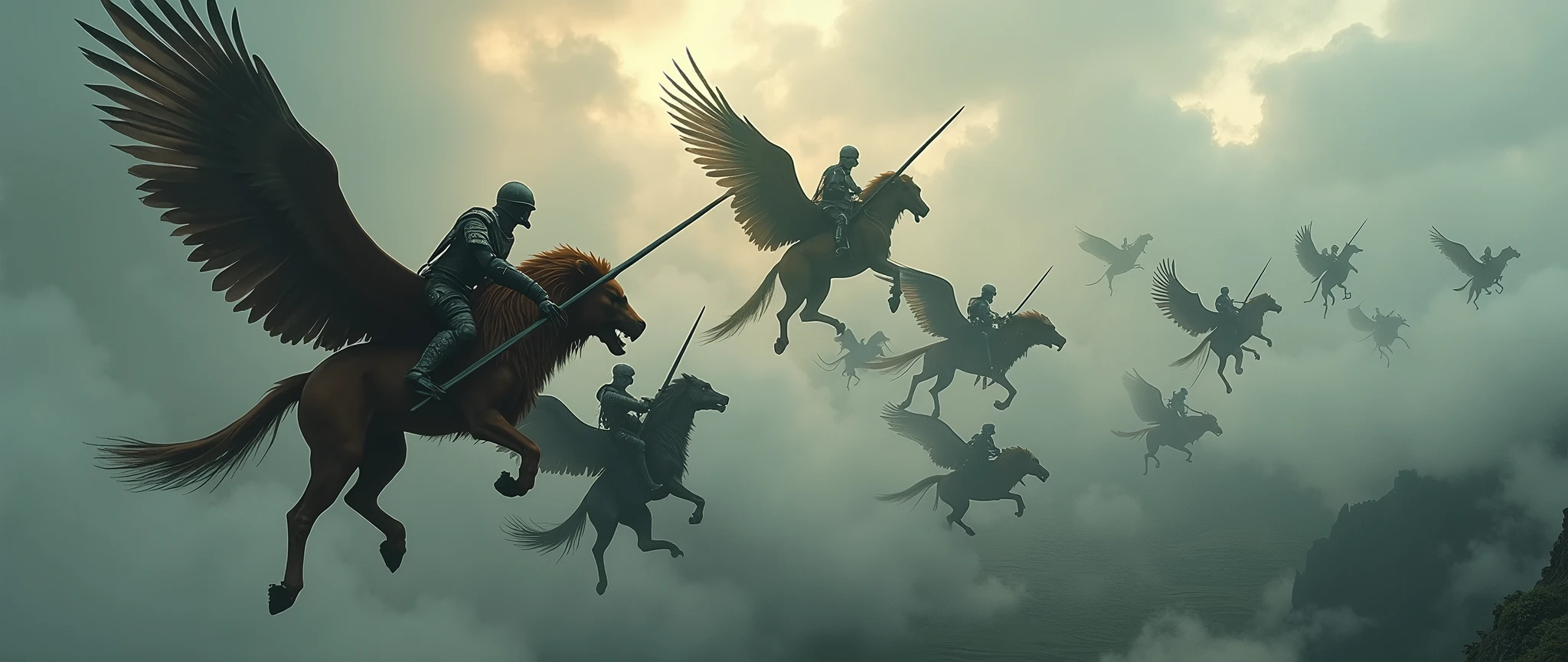 Lots of beautiful gryphons\(lion body, eagle wings and head,different poses\) flying in the sky and all the gryphons are ridden by heavily armed knights with long swords, thundercloud skies, dynamic images, stunning nature, Pulitzer Prize-winning photos, shot from above