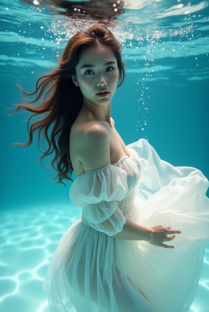 A highly detailed, ultra-realistic portrait of a woman of Asian descent from Turkey in an underwater photoshoot. She is wearing a flowing, ethereal white dress that moves gracefully with the water. The setting is a clear blue pool, with beams of sunlight filtering through the water, creating a magical, shimmering effect. The lighting is soft and diffused, highlighting her serene expression and the fluidity of her movements. The photo is taken from below, capturing the sense of weightlessness and tranquility of the underwater environment.