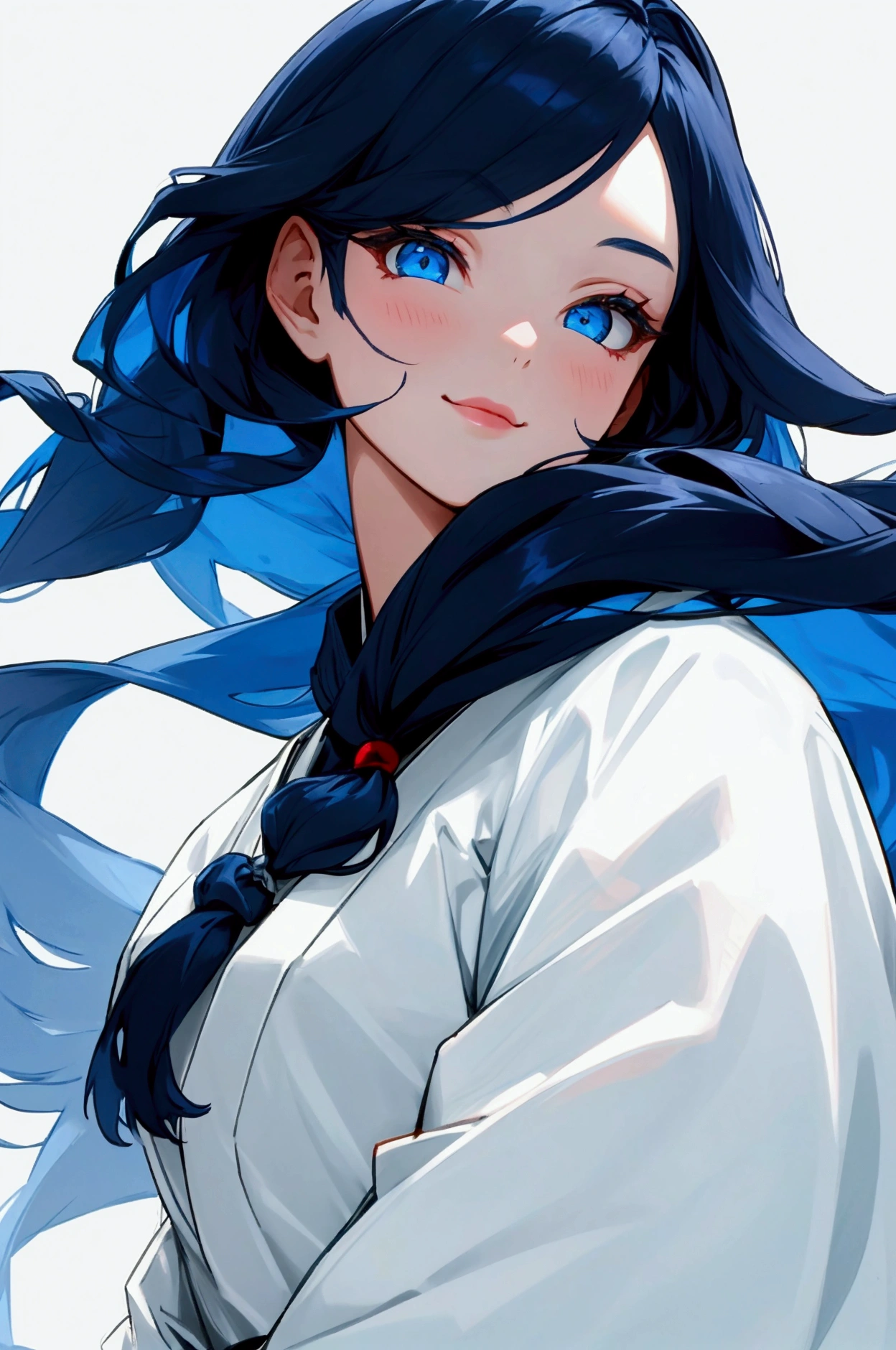 girl hair: snow White, long and straight, often tied back into a traditional Japanese hairstyle during formal events. eyes: Deep blue, large and expressive Skin: pale, creating a noticeable contrast with her hair and eyes. face: oval, with subtle cheekbones that stand out when she smiles or shows emotions. outfit: modern casual clothing, highlighting her elegance and the contrast with her hair and eyes.