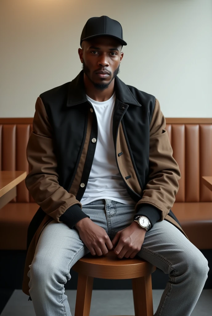 best qualityer:1.4), (ultra high resolution:1.2), (photorrealistic:1.4), (8k, CRU photo:1.2), a thin young man of 20 years old, skin black, with a smooth, beardless face, corte de cabelo buzzcut, He's wearing a black cap. He's wearing a white shirt. He is wearing a basic coat in black and brown.. He's wearing light jeans. He is wearing black and white Jordan sneakers.. He is sitting on a chair in a simple restaurant. Thin build without muscles. Seductive face for the camera.