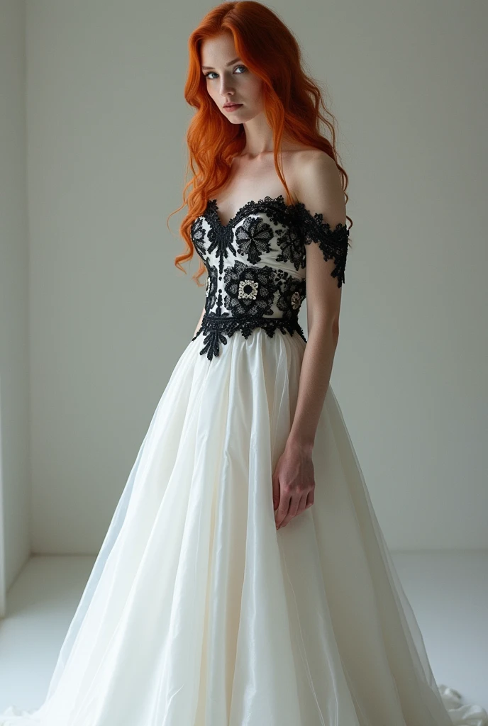 venus alder a beautiful redhead woman with grey eyes wearing a wedding dress only black