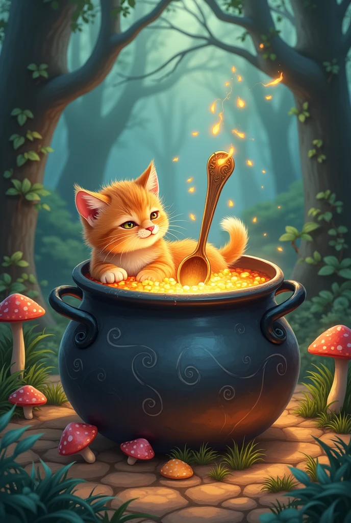 Witch's cauldron logo with a kitten lying around it, a spoon handle sticking out of the cauldron, studio ghibli style