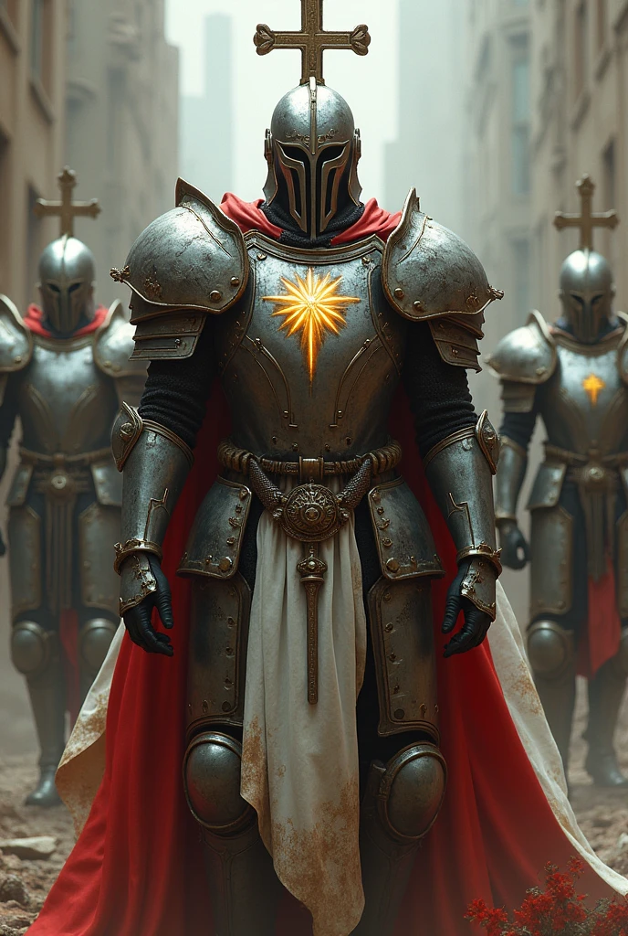They wear armor reinforced with metal plates., with the symbol of the radiant cross painted on the chest. The armor is decorated with biblical inscriptions and Christian symbols., and the helmets have an almost medieval appearance, with crosshairs. They wear white and red capes, colors that represent purity and sacrifice, (with the Fallout style)