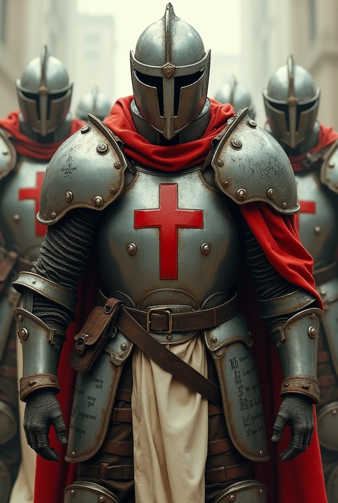 They wear armor reinforced with metal plates., with the symbol of the radiant cross painted on the chest. The armor is decorated with biblical inscriptions and Christian symbols., and the helmets have an almost medieval appearance, with crosshairs. They wear white and red capes, colors that represent purity and sacrifice, (with the Fallout style)