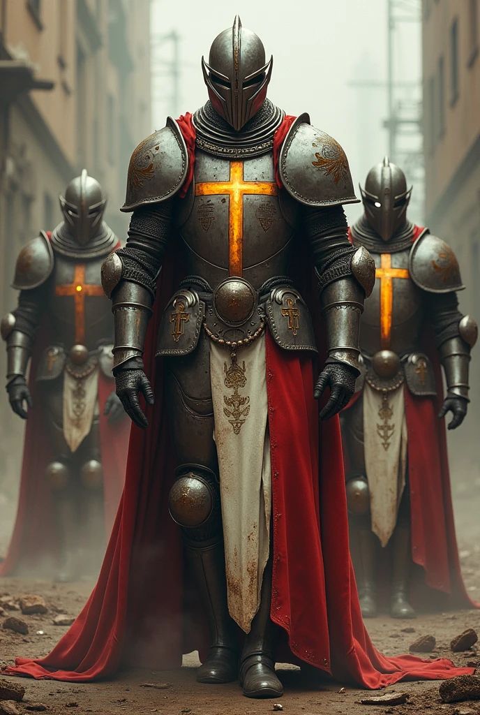 They wear armor reinforced with metal plates., with the symbol of the radiant cross painted on the chest. The armor is decorated with biblical inscriptions and Christian symbols., and the helmets have an almost medieval appearance, with crosshairs. They wear white and red capes, colors that represent purity and sacrifice, (with the Fallout style)