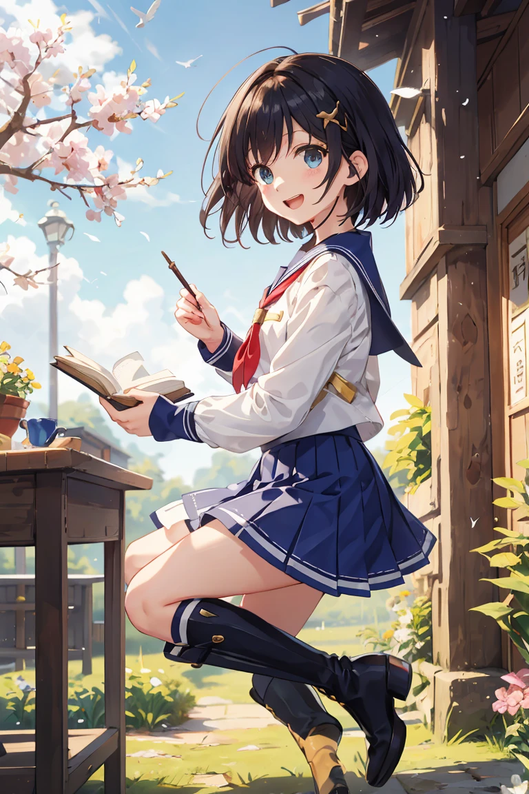 Create an anime-style illustration of Rinwell from Tales of Arise, dressed in Sakura Kinomoto's school uniform from Cardcaptor Sakura. Rinwell has short black hair with side-swept bangs and a yellow star-shaped hair clip. Her eyes are large and bright, giving off a cheerful and determined expression.

She wears the school uniform that consists of a long-sleeved black shirt with a sailor-style collar. The collar and cuffs are adorned with white and red stripes, and she has a white scarf tied in the front. The uniform is completed with a white pleated skirt, typical of the Tomoeda Elementary School uniform. However, she retains her original blue knee-high boots from the Tales of Arise outfit, which are adorned with yellow stars, adding a unique magical touch to the traditional school uniform.

Rinwell is holding an open book in her right hand, as if casting a spell, while her left arm is confidently extended. The background is a soft pastel yellow with a few stylized white birds flying around, maintaining the whimsical and magical atmosphere. The overall tone of the image is light and cheerful, blending the elements of adventure and school life perfectly.