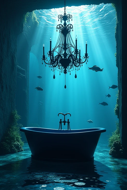 Underwater Gothic architecture Chandelier Black and blue atmosphere Fish Bubbles、House in the sea、The windows are big and the fish are swimming、Aquarium-like room、Black bath、Bathroom、Black bathtub、The bathtub is blue、Vanity top