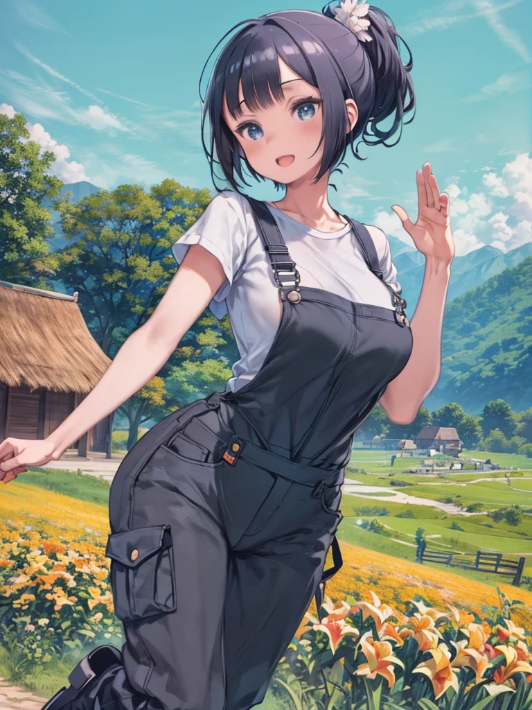 ((Highly detailed illustration)), High resolution, ((extremely detailed and beautiful background)), (Professional illustrations), (Official Art), ((Ultra-precise depiction)), ((Super high-definition description)), (beautiful:1.2 Midea:1.2), beautiful detailed, Complex:1.1, Light Flower, Soft Shadows, (Bold Line:0.6), (Young girl), (Teen), ((cute)), (highly detailed beautiful face and eyes, Big Breasts, Firm breasts), Oily skin, ((Black Hair)), ((Iris)), ((Bob and (Short Ponytail))), Thin pubic hair, cute 素敵, (bright personality), smile, Open your mouth, wave hands, View your viewers, (Farmer), Practical overalls or durable work trousers, Checkered shirt with rolled up sleeves, Durable work boots, A quiet village nestled beside lush green grasslands, Cottage with thatched roof, winding flow, Locals々are living their daily lives., Dynamic pose