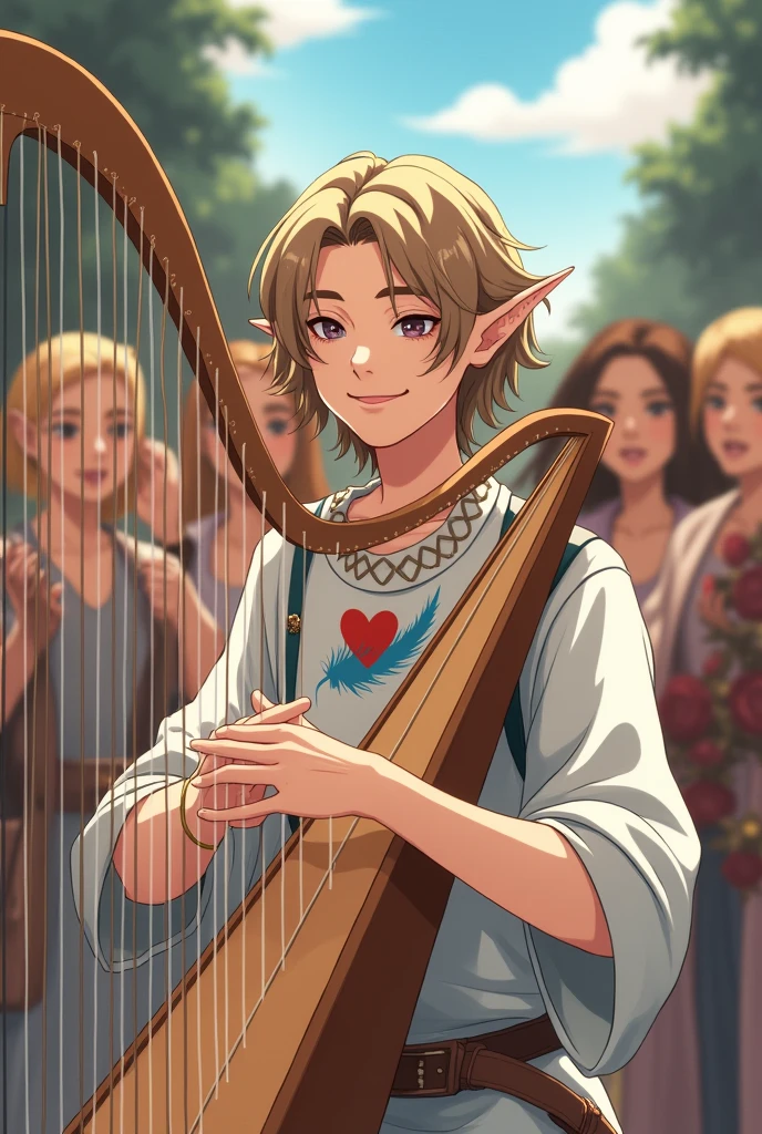 a young half-elf man with delicate, feminine features and shoulder-length light brown hair.
 
wearing white medieval clothing with a symbol of a light blue feather over a red heart drawn on the clothes at chest height.

 playing harp and partying with happy people in medieval anime cartoon style
