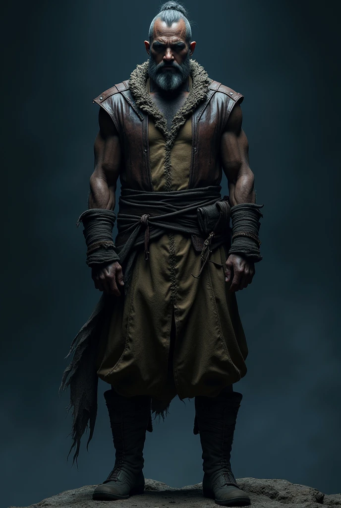 An 1 dark-skinned man with a scar on his neck, wearing somewhat rustic clothes. Realistic fantasy style. On a dark blue background 