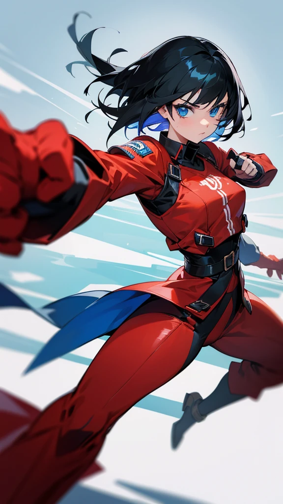 Girl with black hair and blue eyes in a fighting stance