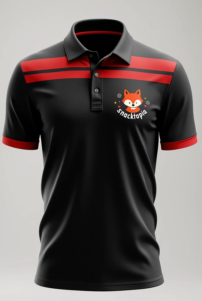 Black polo shirt with red lines with a small logo on the front of a cute little fox that says snacktopia Put the name Snacktopia under the fox in circular typography