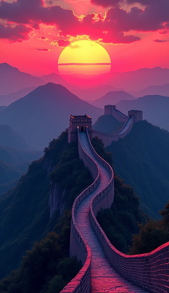 when sunset is coming, the great wall of China with beautiful view, with the big bridge - far bird view, rendered with detailed comic cartoon style, neon lights, miami vice vibes