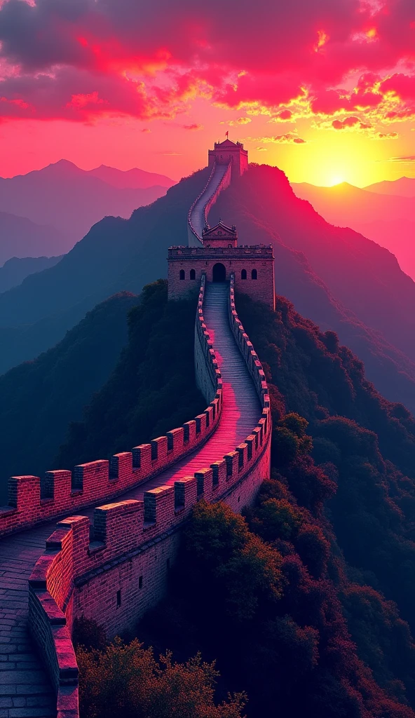 when sunset is coming, the great wall of China with beautiful view, with the big bridge - far bird view, rendered with detailed comic cartoon style, neon lights, miami vice vibes
