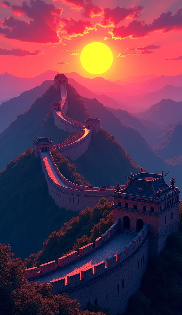 when sunset is coming, the great wall of China with beautiful view, with the big bridge - far bird view, rendered with detailed comic cartoon style, neon lights, miami vice vibes