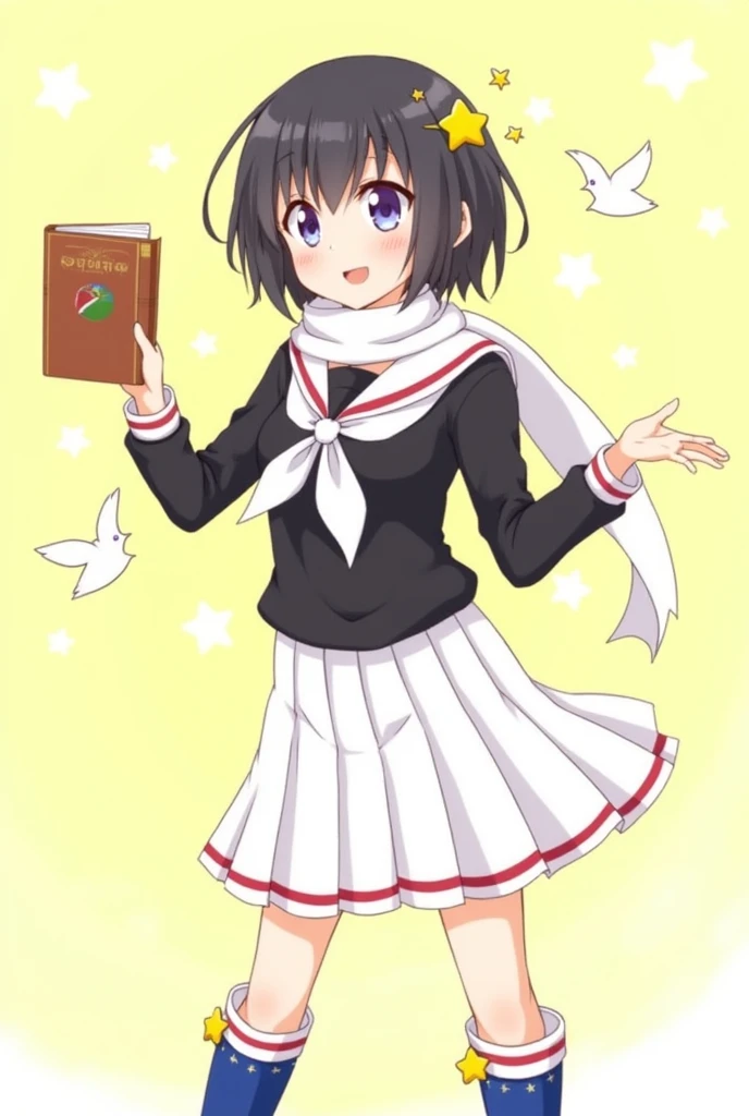 Create an anime-style illustration of Rinwell from Tales of Arise, dressed in Sakura Kinomoto's school uniform from Cardcaptor Sakura. Rinwell has short black hair with side-swept bangs and a yellow star-shaped hair clip. Her eyes are large and bright, giving off a cheerful and determined expression.

She wears the school uniform that consists of a long-sleeved black shirt with a sailor-style collar. The collar and cuffs are adorned with white and red stripes, and she has a white scarf tied in the front. The uniform is completed with a white pleated skirt, typical of the Tomoeda Elementary School uniform. However, she retains her original blue knee-high boots from the Tales of Arise outfit, which are adorned with yellow stars, adding a unique magical touch to the traditional school uniform.

Rinwell is holding an open book in her right hand, as if casting a spell, while her left arm is confidently extended. The background is a soft pastel yellow with a few stylized white birds flying around, maintaining the whimsical and magical atmosphere. The overall tone of the image is light and cheerful, blending the elements of adventure and school life perfectly.