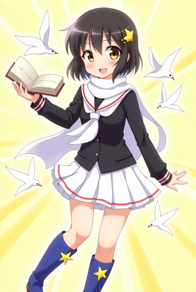 Create an anime-style illustration of Rinwell from Tales of Arise, dressed in Sakura Kinomoto's school uniform from Cardcaptor Sakura. Rinwell has short black hair with side-swept bangs and a yellow star-shaped hair clip. Her eyes are large and bright, giving off a cheerful and determined expression.

She wears the school uniform that consists of a long-sleeved black shirt with a sailor-style collar. The collar and cuffs are adorned with white and red stripes, and she has a white scarf tied in the front. The uniform is completed with a white pleated skirt, typical of the Tomoeda Elementary School uniform. However, she retains her original blue knee-high boots from the Tales of Arise outfit, which are adorned with yellow stars, adding a unique magical touch to the traditional school uniform.

Rinwell is holding an open book in her right hand, as if casting a spell, while her left arm is confidently extended. The background is a soft pastel yellow with a few stylized white birds flying around, maintaining the whimsical and magical atmosphere. The overall tone of the image is light and cheerful, blending the elements of adventure and school life perfectly.