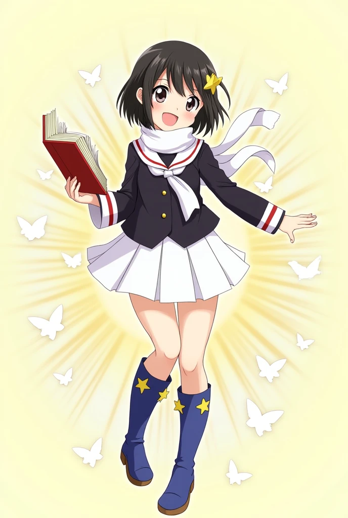 Create an anime-style illustration of Rinwell from Tales of Arise, dressed in Sakura Kinomoto's school uniform from Cardcaptor Sakura. Rinwell has short black hair with side-swept bangs and a yellow star-shaped hair clip. Her eyes are large and bright, giving off a cheerful and determined expression.

She wears the school uniform that consists of a long-sleeved black shirt with a sailor-style collar. The collar and cuffs are adorned with white and red stripes, and she has a white scarf tied in the front. The uniform is completed with a white pleated skirt, typical of the Tomoeda Elementary School uniform. However, she retains her original blue knee-high boots from the Tales of Arise outfit, which are adorned with yellow stars, adding a unique magical touch to the traditional school uniform.

Rinwell is holding an open book in her right hand, as if casting a spell, while her left arm is confidently extended. The background is a soft pastel yellow with a few stylized white birds flying around, maintaining the whimsical and magical atmosphere. The overall tone of the image is light and cheerful, blending the elements of adventure and school life perfectly.