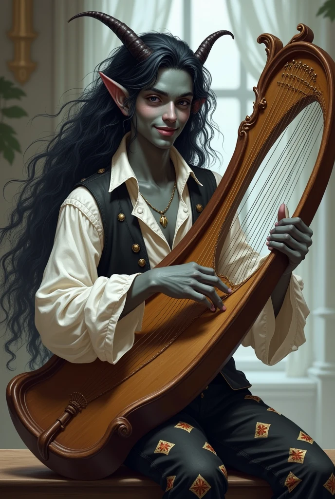 A handsome young tiefling bard with dark gray skin, with two horns, one horn is broken. He is wearing a white shirt with a pierrot collar and trousers with diamonds and patches.. He plays the harp, smiling. He has long black hair.