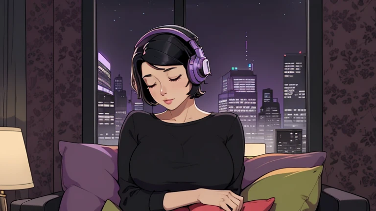 Beautiful woman in her 30s with short black hair is sitting with headphones on the sofa. Looking down, eyes closed, LOFI girl, alone in the room, blouse, cozy wallpaper, big cushion, bookshelf, relaxing mood, night core, cozy, wide glass window with skyscrapers, outside view at night, only five fingers, purple wall,