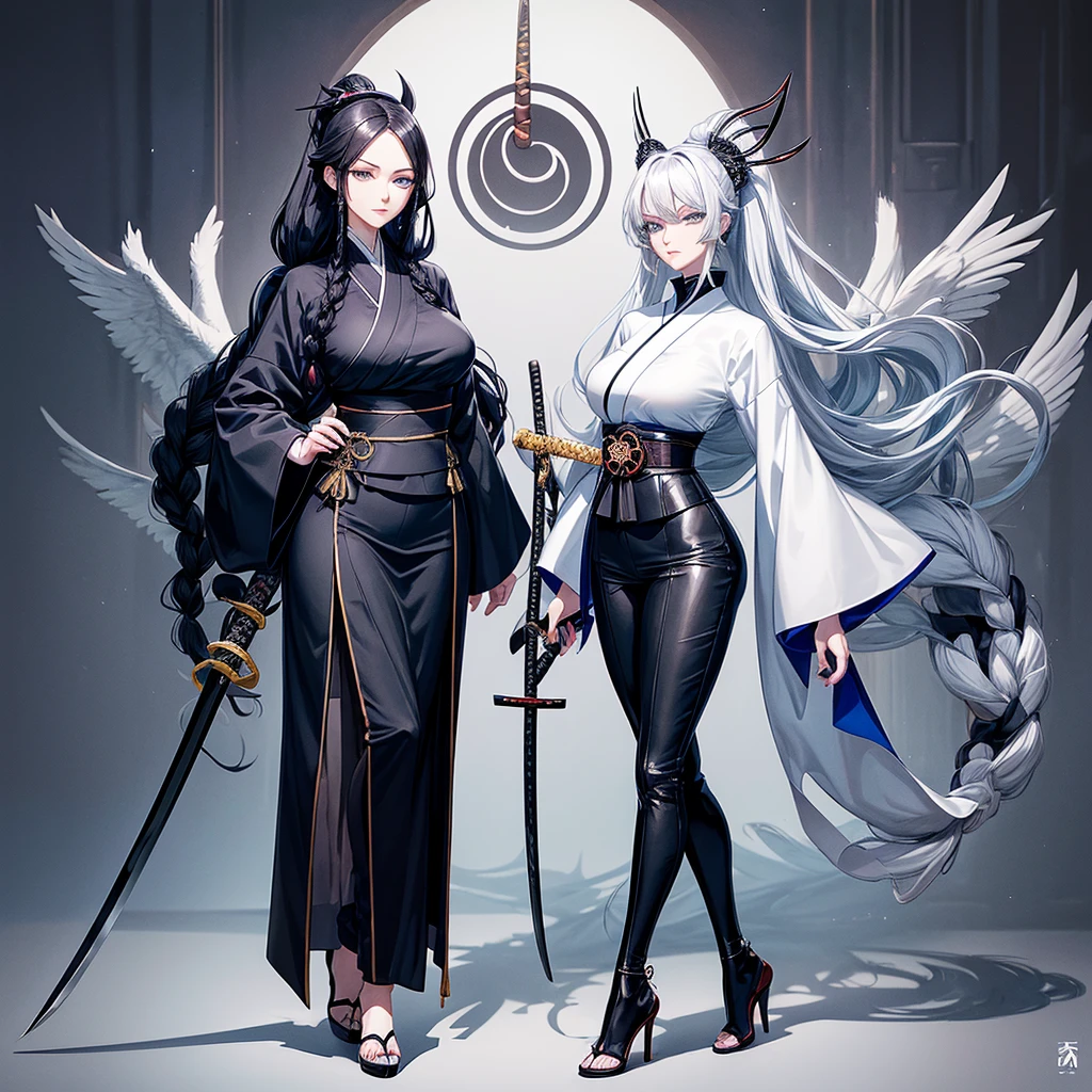 tall woman, Black blue kimono suit with a high collar that has an eye and swirl symbol, loose pants , blue eyes, White hair, long white eyelashes, turtle neck(( 12cm heels)) tall black, Curvy body, dark round cravings, Long hair, with braids, ((naginata weapon)) Japanese anime style drawing, Whole body, dragon in the background and a large eagle