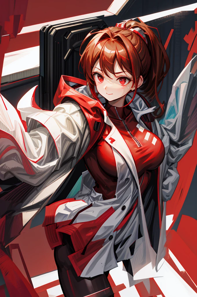 solo, alone,  original design, red bodysuit, padded suit, lab coat, brown hair, medium hair, ponytail, red eyes, smirk, amused, huge breasts