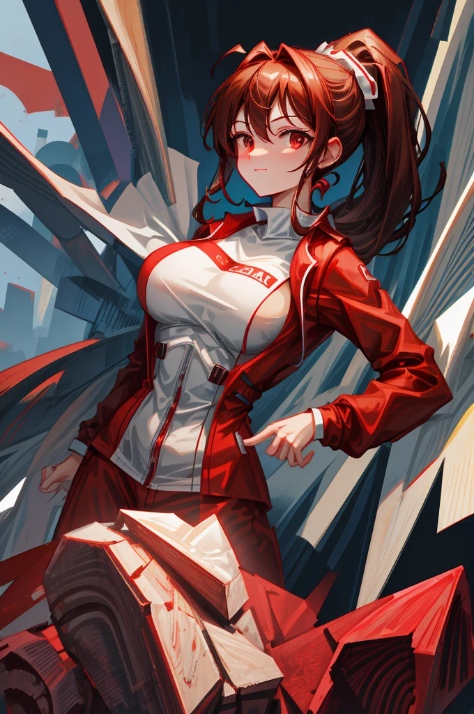 solo, alone,  original design, red bodysuit, padded suit, lab coat, brown hair, medium hair, ponytail, red eyes, smirk, amused, huge breasts