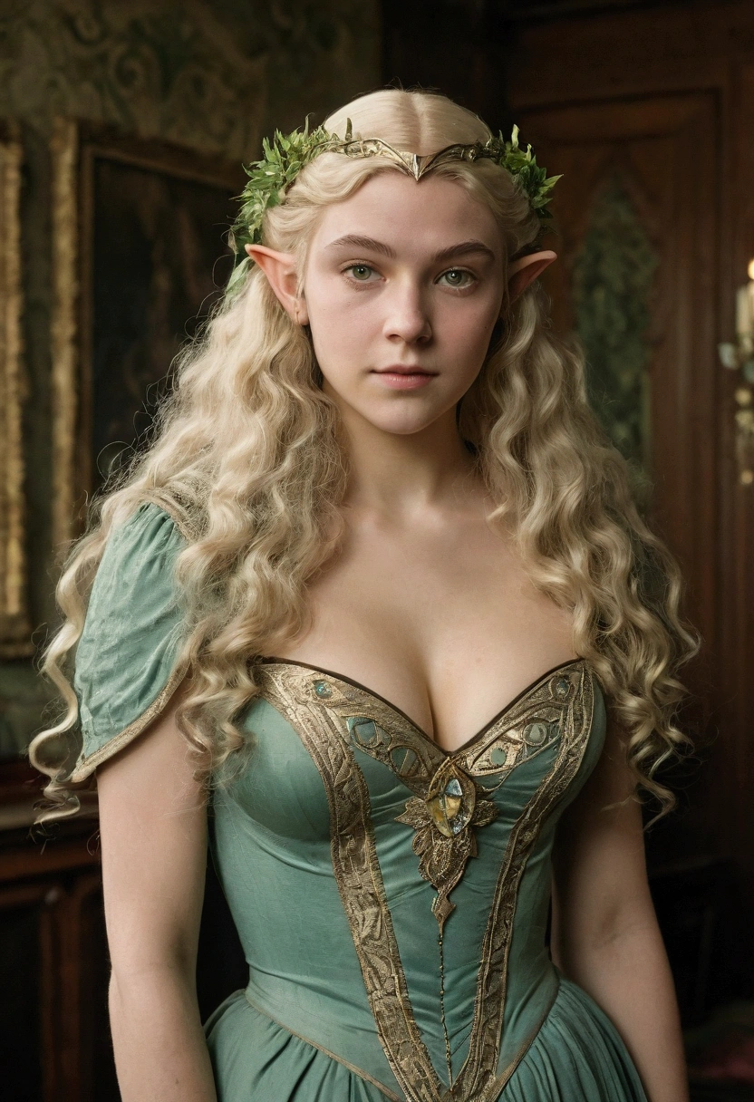 1910s analog film photograph, colorized photo of an elven maiden, 18-years-old, amazonian stature, thick-fit hourglass figure, busty breasts, toned, athletic, wearing a victorian traveling dress, warm almond complexion, pointy elf ears, platinum blonde hair, wild voluminous curls, resembles Margaery Tyrell, standing in a manor drawing room, RAW Photograph, dslr, soft lighting, high quality, film grain, Fujifilm XT3, detailed skin with visible pores, insane details, masterpiece, 8k, 35mm photograph, faded film, desaturated, grainy, vintage, Lomography, stained, highly detailed, found footage, long elven ears