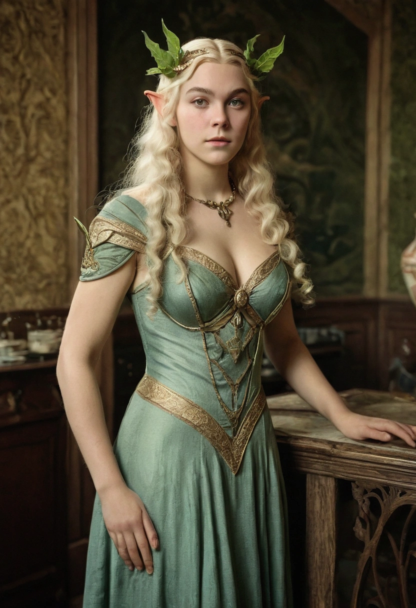 1910s analog film photograph, colorized photo of an elven maiden, 18-years-old, amazonian stature, thick-fit hourglass figure, busty breasts, toned, athletic, wearing a victorian traveling dress, warm almond complexion, pointy elf ears, platinum blonde hair, wild voluminous curls, resembles Margaery Tyrell, standing in a manor drawing room, RAW Photograph, dslr, soft lighting, high quality, film grain, Fujifilm XT3, detailed skin with visible pores, insane details, masterpiece, 8k, 35mm photograph, faded film, desaturated, grainy, vintage, Lomography, stained, highly detailed, found footage, long elven ears