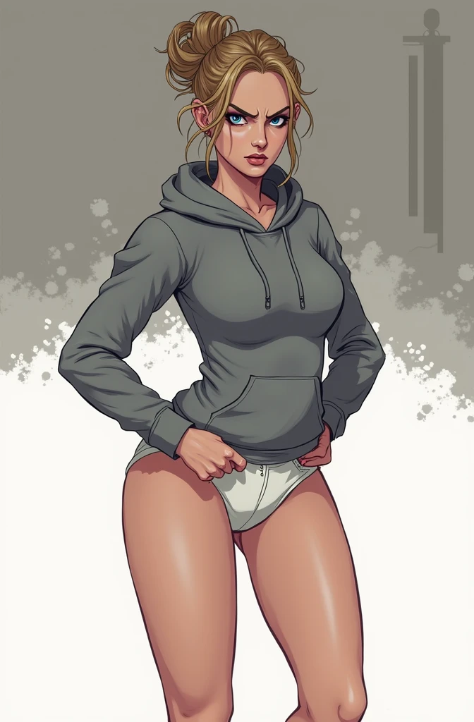 (masterpiece, best quality)), ((((perfect ???????)))), Caucasian woman with tied blonde hair-bun, dark eye-shadow, downward curved nose, vibrant blue eyes, grey hoodie, tugging at (((white high cut cotton panties))), big hips, angry expression, walking around soldier barracks, ((pixel art, pixel,))