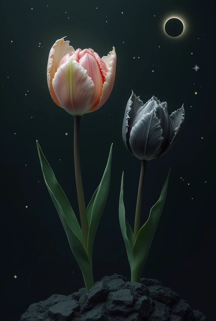 Two tulips, One is alive but its petals have fallen off,The other one is very withered. , More withered, It even looks a bit black and withered.,In a dark environment,Solar eclipse provides faint light , Add little stars everywhere, There are subtleties