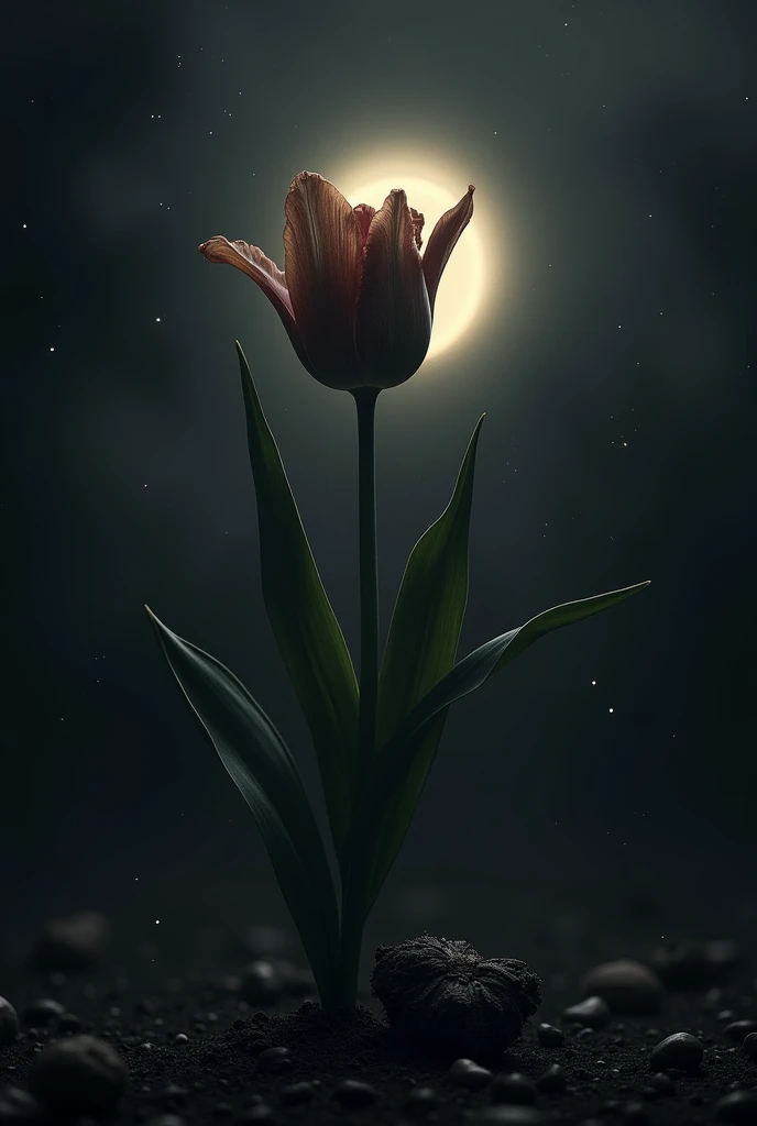 Two tulips, One is alive but its petals have fallen off,The other one is very withered. , More withered, It even looks a bit black and withered.,In a dark environment,Solar eclipse provides faint light , Add little stars everywhere, There are subtleties