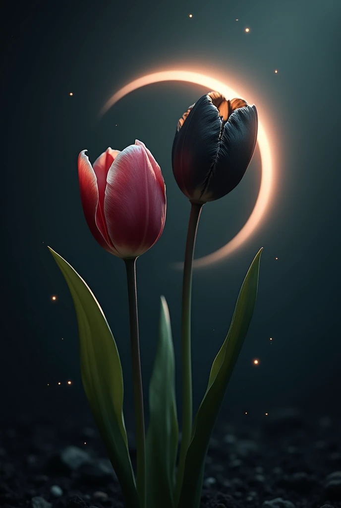 Two tulips, One is alive but its petals have fallen off,The other one is very withered. , More withered, It even looks a bit black and withered.,In a dark environment,Solar eclipse provides faint light , Add little stars everywhere, There are subtleties