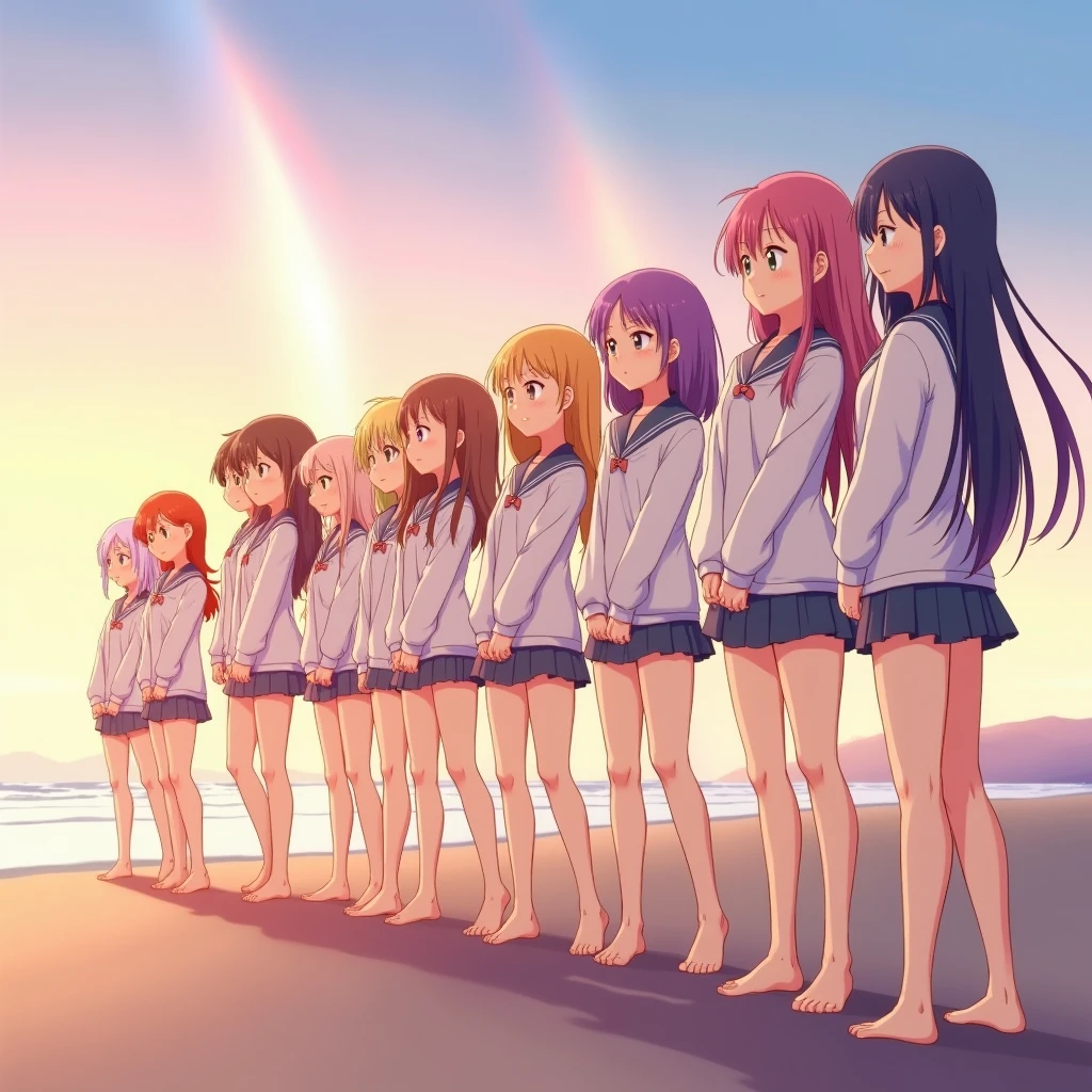 ((ExtremelyDetailed (12 PUNIPUNI KAWAII Girls in a row:1.37) in WHITE at Dusk Enoshima Beach)), (masterpiece 8K TopQuality) (ProfessionalPhoto:1.37), {(Standing Full Body:1.2)|(from below:1.2)}, Different types of hair colors, {School Uniform [with Thongs]|(school swimwear)Ass visible through thighs}, {Detailed BabyLike hand|Hidden hand|armpit peek|DAKINAKURA}, Joyful Expressions LifeLike Rendering, PerfectLighting, [RainbowColorHorizon]