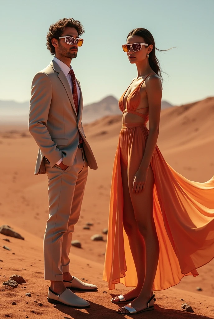 men and women models are wearing glass sunglasses with stars and the mars on the glass. standing on the mars, sandals, full body, skirt