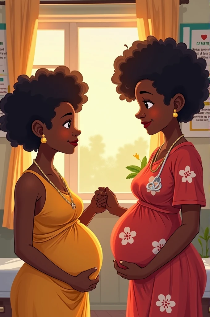 Illustrate a cartoon scene where a Papua New Guinea couple, with brown skin and afros, are receiving counseling from a health worker about the importance of planning a supervised birth. The mother is visibly pregnant, and the father is holding her hand. The setting is a cozy clinic room with educational materials about maternal health on the walls.