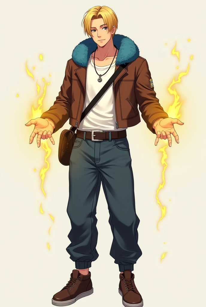 short hair, blond hair, Love, necessary, The best quality, eyes the color of honey, anime, masculine, adult, attractive, handsome, straight hair, smile, presumed, simple background, Brown cropped leather jacket with blue polar fur on the hood, black and silver belt, silver necklace, white t-shirt tucked into pants, leather satchel, baggy jeans, brown sneakers, yellow energy particles around his hands, anatomically correct, anime, Whole body, 