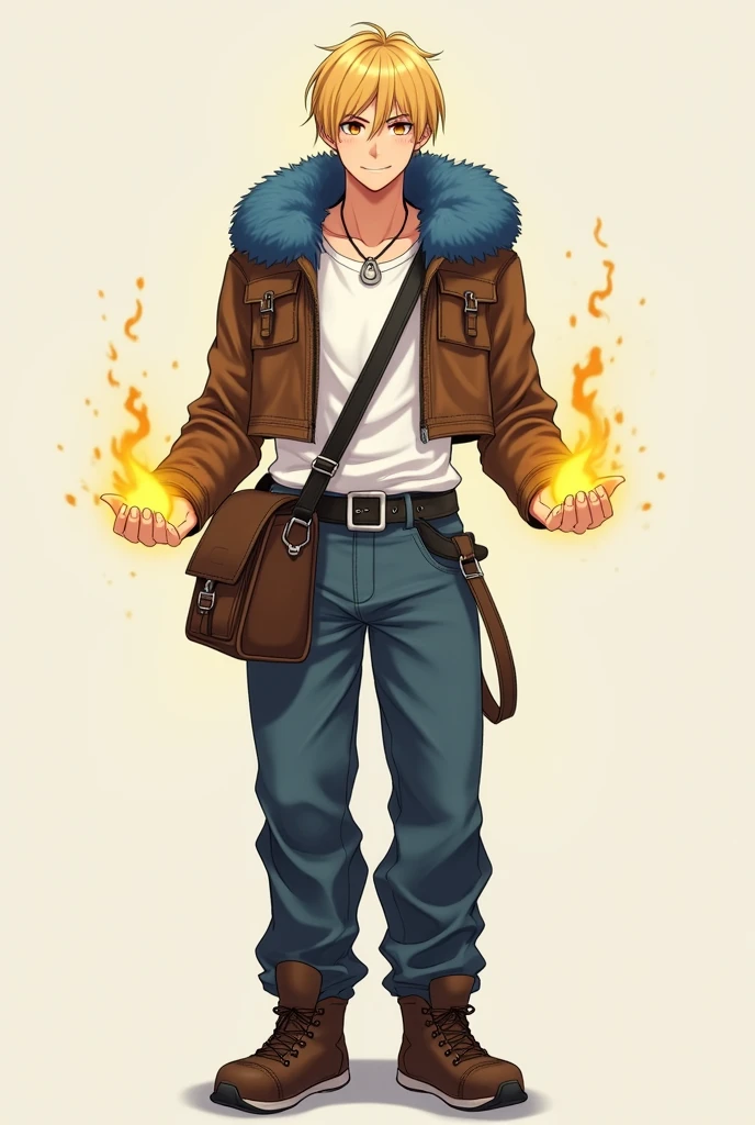 short hair, blond hair, Love, necessary, The best quality, eyes the color of honey, anime, masculine, adult, attractive, handsome, straight hair, smile, presumed, simple background, Brown cropped leather jacket with blue polar fur on the hood, black and silver belt, silver necklace, white t-shirt tucked into pants, leather satchel, baggy jeans, brown sneakers, yellow energy particles around his hands, anatomically correct, anime, Whole body,