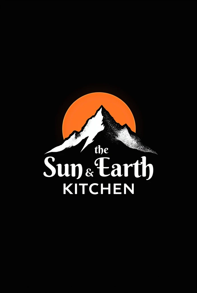a logo with a black background containing the words "The Sun and Earth Kitchen" that they are inside a sun and a snowy mountain with the letters in Spanish