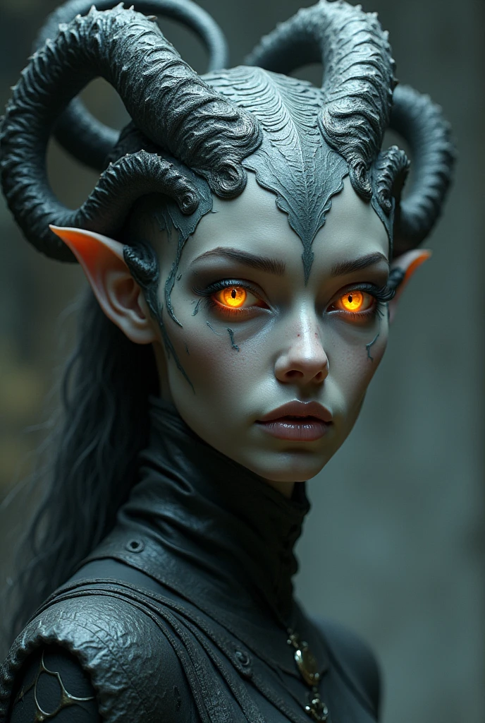a woman with gray skin, orange eyes, pointy ears, a crown of dragon horns, no hair but many horns, detailed face, highly detailed, cinematic lighting, fantasy art, digital painting, masterpiece, 8k, hyper realistic