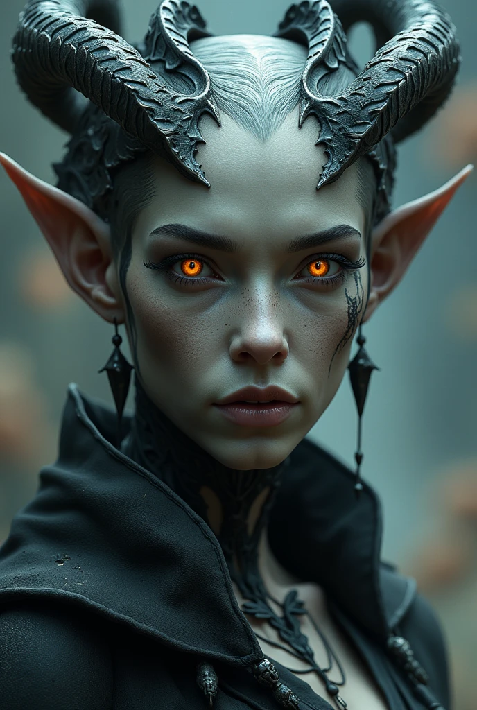 a woman with gray skin, orange eyes, pointy ears, a crown of dragon horns, no hair but many horns, detailed face, highly detailed, cinematic lighting, fantasy art, digital painting, masterpiece, 8k, hyper realistic