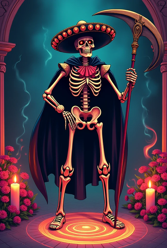 (masterpiece, Best Quality:1.1), (ultra high resolution, ultra detailed:1.2),Pop-art style, The Skeleton Knight, He wears a sombrero and a mariachi suit, Face that looks like a Calavera skull,Skeletal hand,skeleton body,arrogant, Holding a large scythe, Calendula, candles,posing great,Mexican secret chamber,(Day of the Dead),(Glowing magic circle drawn on the ground., smoke,)